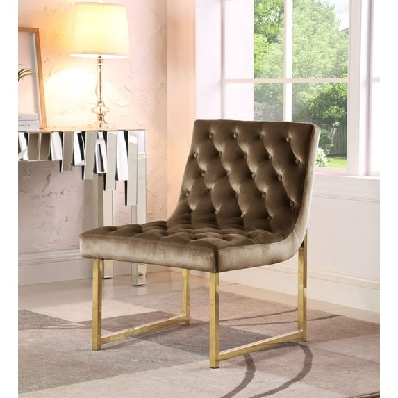 Chic Home Tatiana Accent Chair Sleek Elegant Tufted Velvet Upholstery Plush Cushion Brass Finished Polished Metal Frame, Contemporary Modern, Taupe