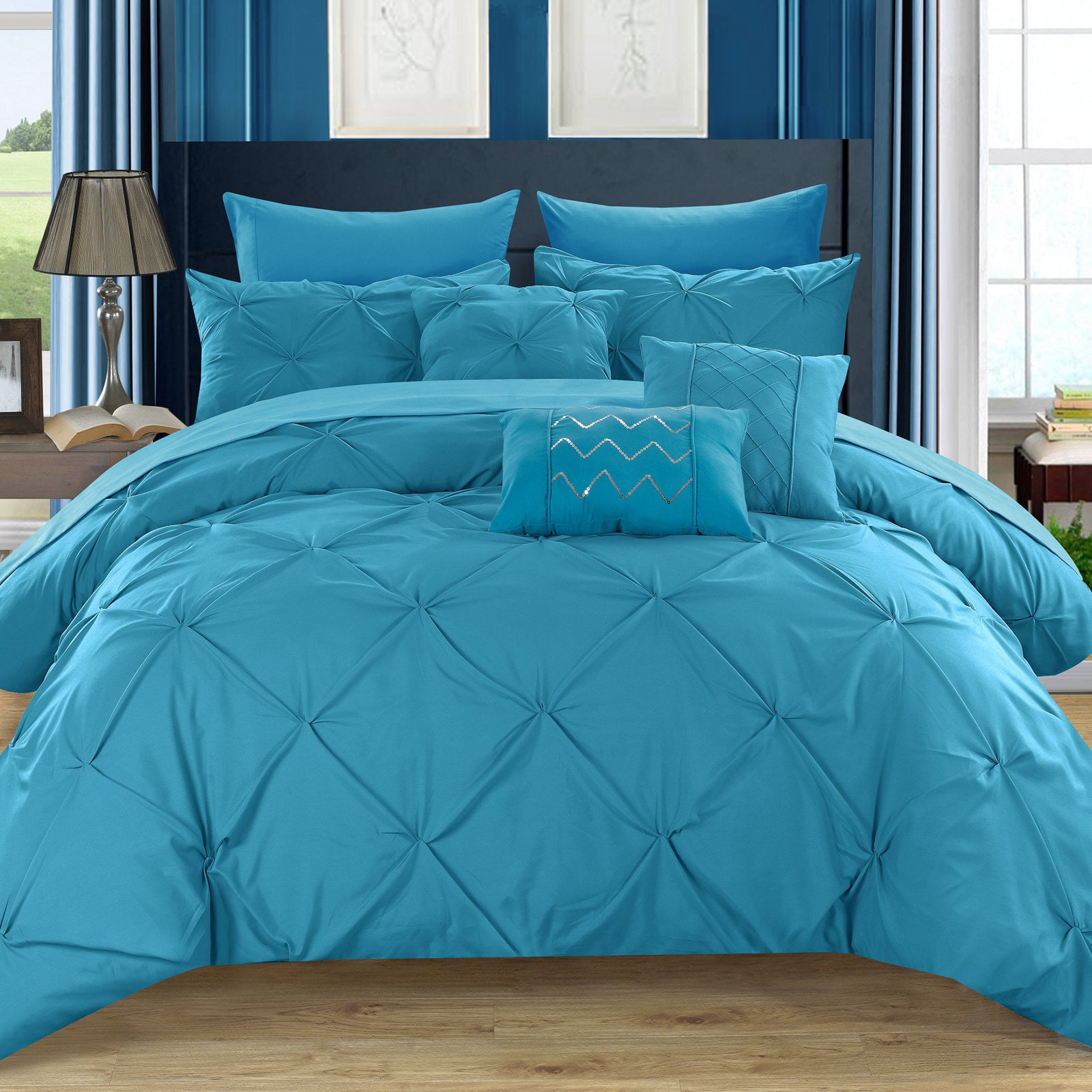 Chic Home Valentina 10-Piece Ruched Solid Color Comforter Set, King, Blue 