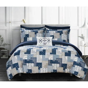 Chic Home Viy 8-Piece Reversible Printed Comforter Set, King, Blue