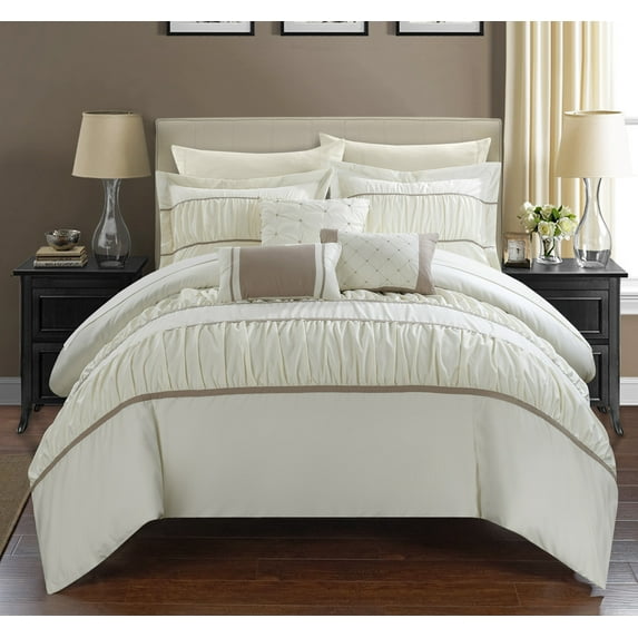 Chic Home Wanda 10-Piece Ruched Comforter Set, King, Beige