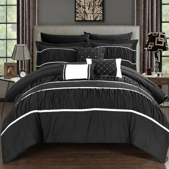 Chic Home Wanda 10-Piece Ruffled Comforter Set, Queen, Black