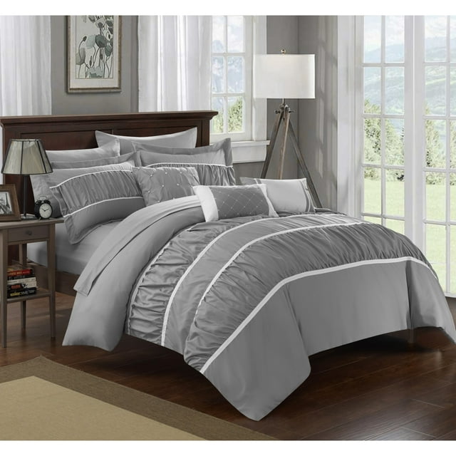 Chic Home Wanda 10-Piece Ruffled Comforter Set, Queen, Grey