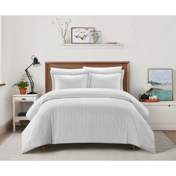 Chic Home Wesley Duvet Cover Set Contemporary Solid White With Dot Striped Pattern Print Design Bed In A Bag Bedding - Sheets Pillowcase Pillow Sham Included - 5 Piece - Twin 68x90", Charcoal Grey