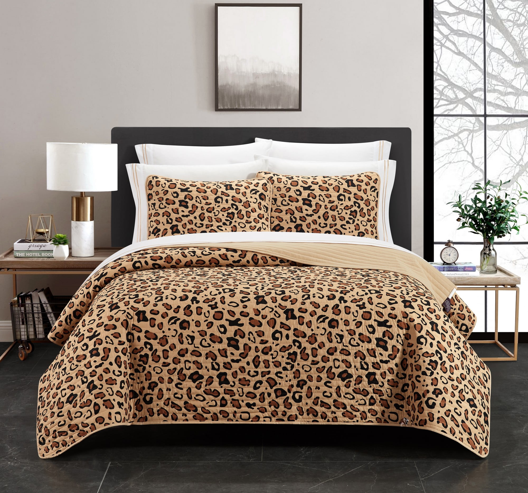 Queen Size Brown Cheetah Print Microfiber Quilt Set