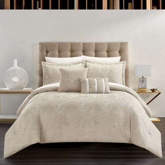 Chic Home Yasmine 9-Piece Embroidered Comforter Set, King, Beige