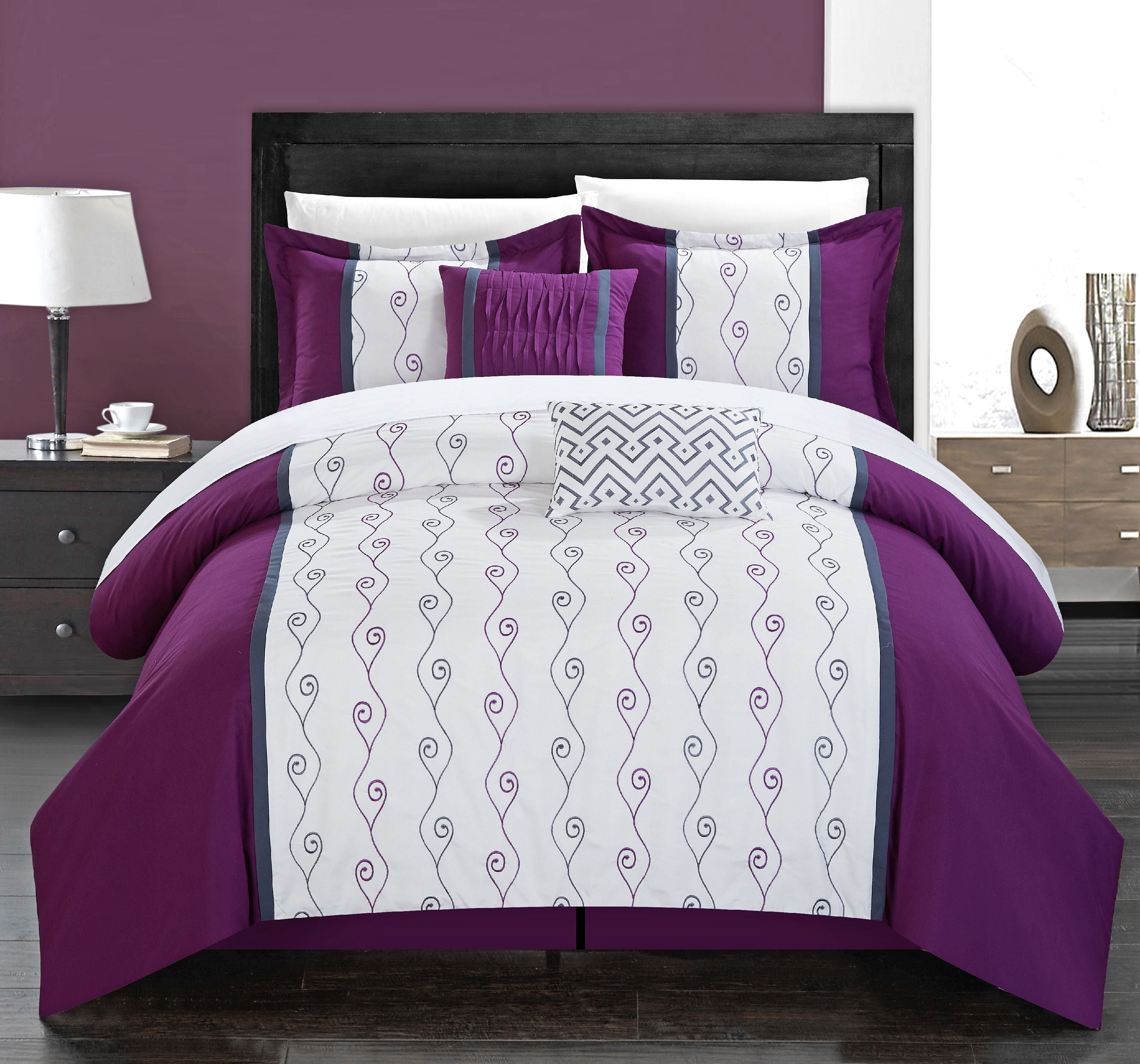 Chic Home Yohan 10Piece Embroidered Comforter Set, King, Plum