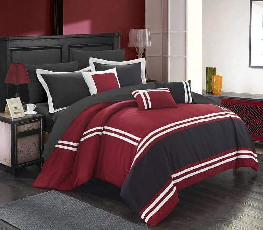 Chic Home Zarah 10 Piece Comforter Set Complete Bed in a Bag Pieced Color Block Banding Bedding with Sheet Set And Decorative Pillows Shams Included, Queen Red