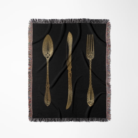 Chic Image Of Gold Spoon Knife And Fork Illustration, Woven Blanket