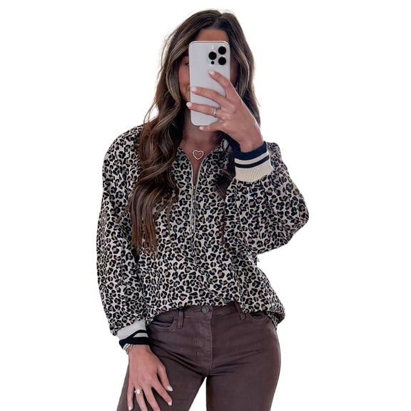 Chic Khaki Leopard Print Blouse with Half Zip – Perfect for Autumn Outings, L
