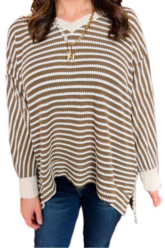 Chic Khaki Stripe Plus Size Top for Women – Long Sleeve Dolman Style, Perfect for Fall Outings | 2X