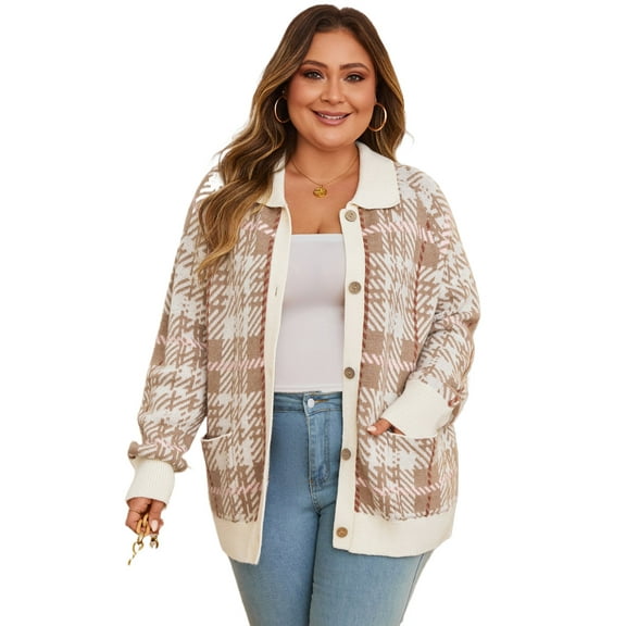 Chic Khaki Vintage Pattern Button Front Cardigan Sweater for Women – Perfect for Daily Wear | 1X