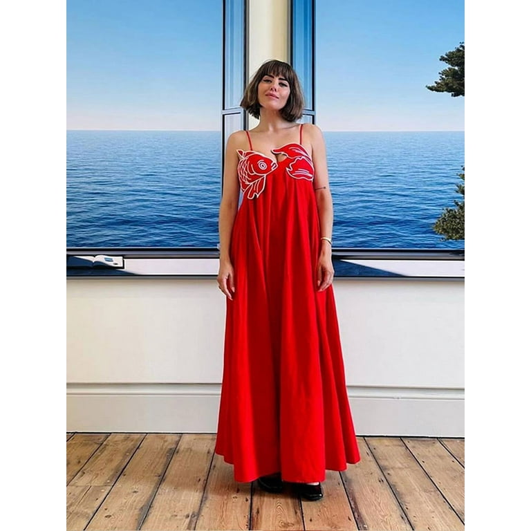 ZXNP Chic Koi Fish Printed Backless Sleeveless Maxi Dress, S ZXNP Chic Koi Fish Printed Backless Sleeveless Maxi Dress, S