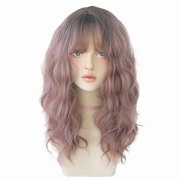 Chic Korean Fashion 21 Inch Long Fluffy Curly Wavy Wig Bangs, Natural Heat-Resistant Synthetic Hair Wigs with Fringe For Cosplay and Daily Wear Rose Brown