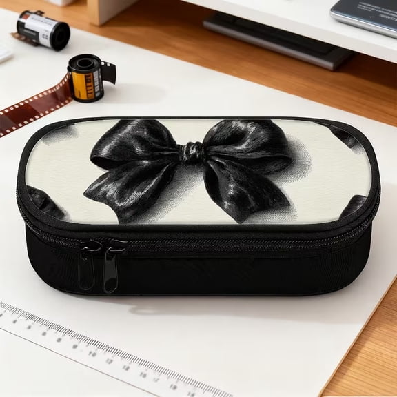 Chic Large Pencil Case with Elegant Black Bow Design - Stylish Storage Solution for Pens and Accessories