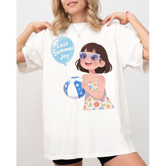 Chic "Last Summer Joy" Nostalgic Cartoon Girl Print Tshirts Fashionable Graphic Tees Ideal For Summer Enthusiasts and Daily Casual Shirts