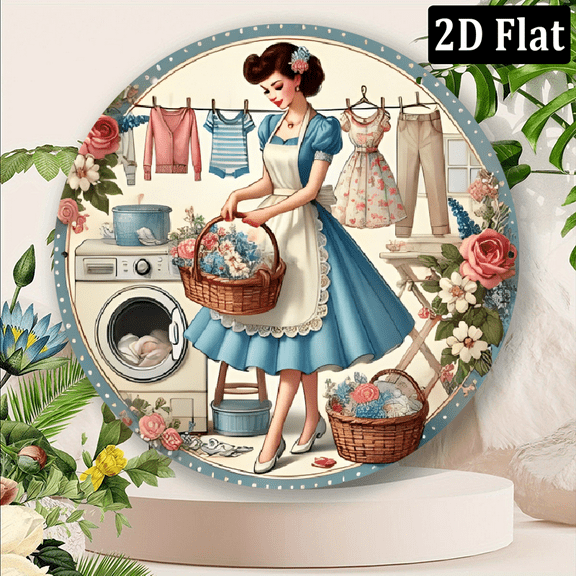 Chic Laundry Girl Round Metal Wall Art, 8*8*inch, Vintage-Inspired Decor for Home, Cafe, Bar, Garage & Farmhouse