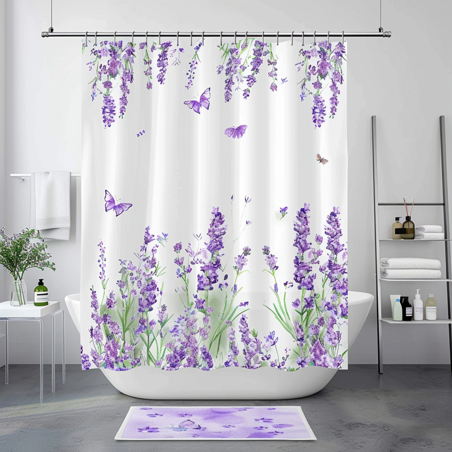Chic Lavender Floral Bathroom Set Shower Curtain Bath Accessories and