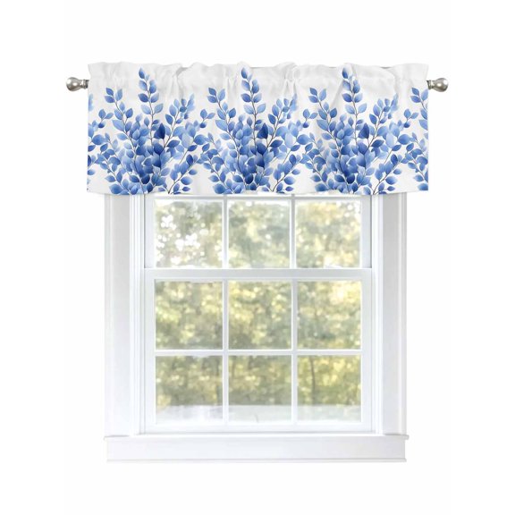Chic Leaves Curtain Valances for Windows, Blue Leaf Botanical Garden Field Kitchen Valance Window Treatment, Light Filtering Block Curtains for Bathroom/Bedroom/Living Room 42'' x 12''
