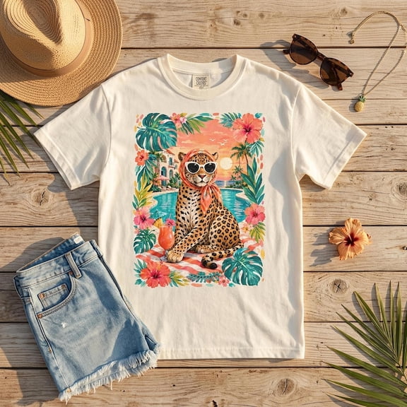 Chic Leopard Poolside Graphic T-Shirt Tropical Summer Vacation Retro Beach Style Tee