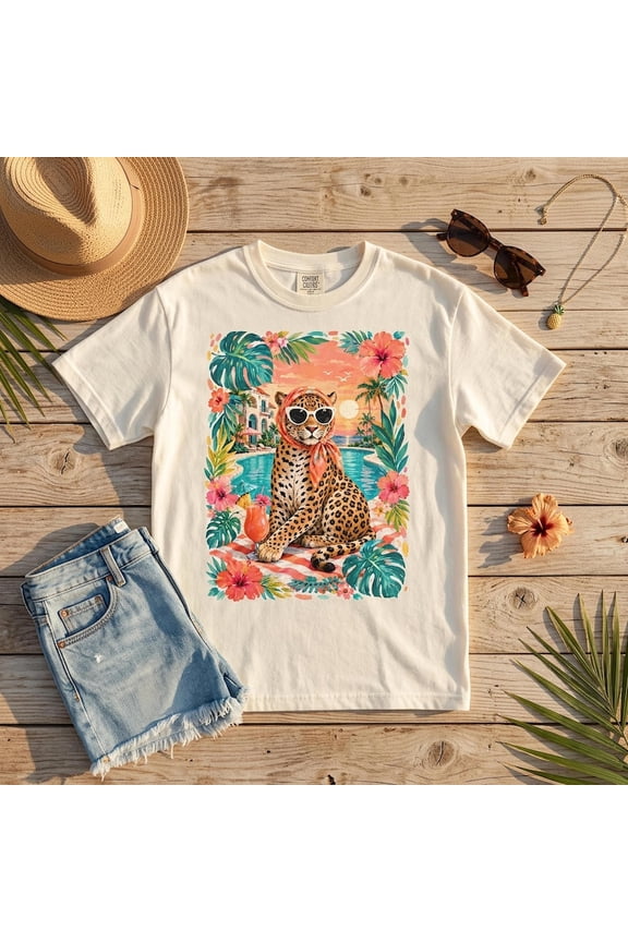 Chic Leopard Poolside Graphic T-Shirt Tropical Summer Vacation Retro Beach Style Tee