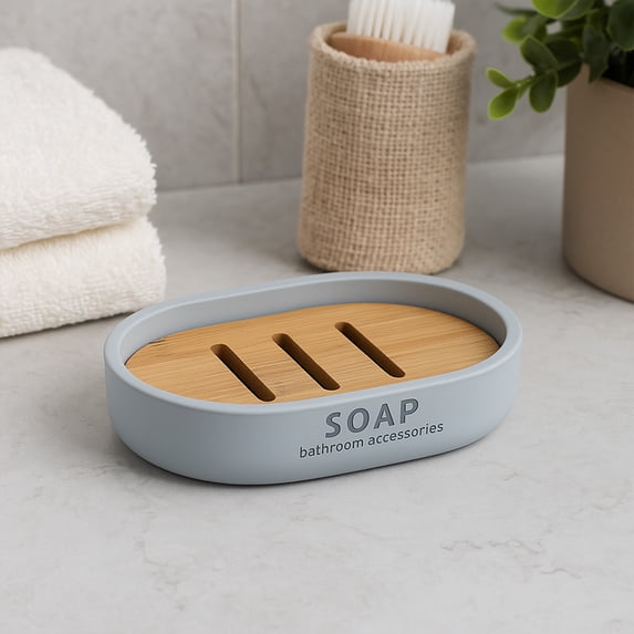 Chic Light Blue Polyresin Soap Dish with Draining Bamboo Insert - Versatile Soap Holder for Contemporary Home