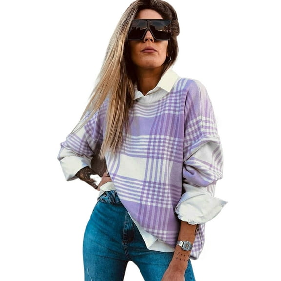 Chic Lilac Plaid Loose Sweater for Women – Perfect for Fall & Autumn Outings | S