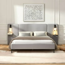 [Luckynote]Chic Linen Upholstered Bed with Integrated Lights and Shelves, Grey, Queen