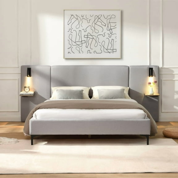 [Luckynote]Chic Linen Upholstered Bed with Integrated Lights and Shelves, Grey, Queen