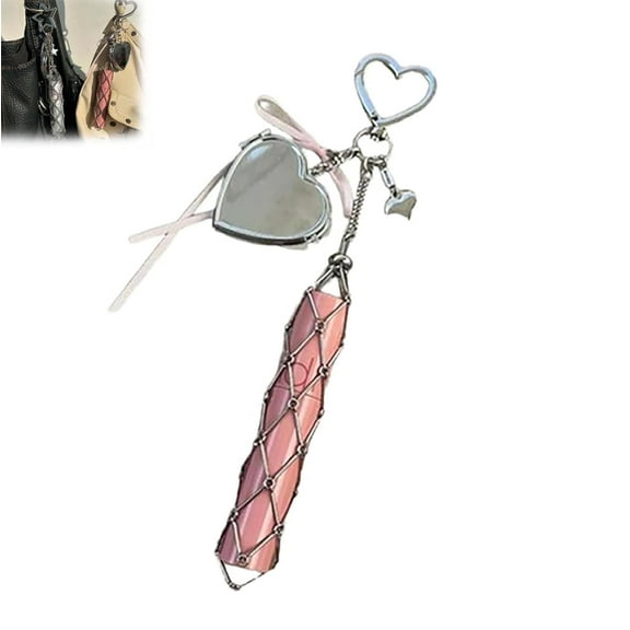 Chic Lip Gloss Holder with Mirror, 2‑in‑1 Lipstick Holders for Purse, Keychain Lipgloss, Small Bling Crystal Lipsticks Storage Bag Key Chain, Personalized Lip Balm Case Charms Gifts Heart Shaped 1PCS