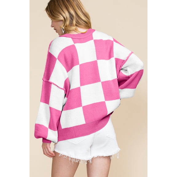 Chic Long Sleeve Checkered Sweater with Bishop Sleeves - Perfect for Fall & Autumn - [ZhiHiMeRi] | (US 12-14)L