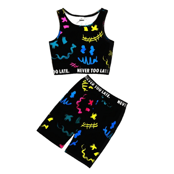 Chic Luminous Cartoon Funny Face Print Girls 2-Piece Set, Tank Top + Biker Shorts Set Summer Clothes, Gift, For Outdoor Casual Activities
