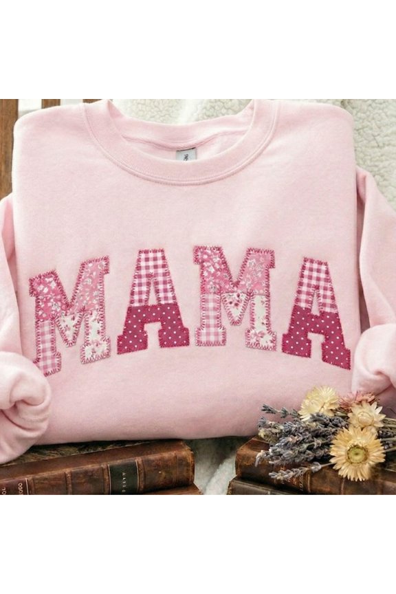 Chic Mama Pink Floral Gingham Patchwork Sweatshirt for New Mom Gift and Announcement