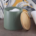 thumbnail image 1 of Chic Matte Green Cotton Swab Container with Natural Bamboo Lid - Polyresin Bathroom Storage Organizer, 1 of 6