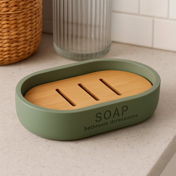 Chic Matte Green Soap Dish with Bamboo Base - Polyresin Bathroom Accessory for Elegant Décor