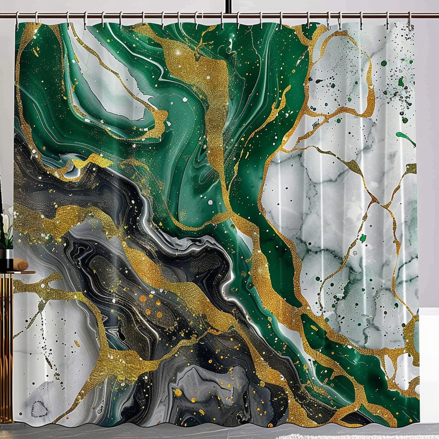Chic MidCentury Modern Marble Shower Curtain Elegant Emerald Green