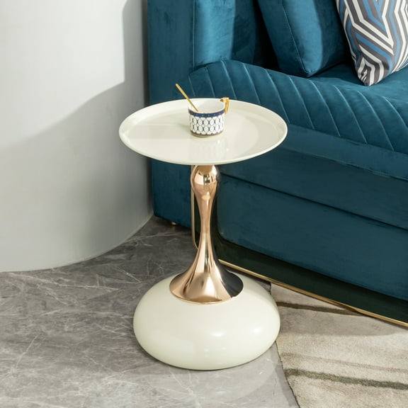 Chic Milk White Round Side Table | 15" Cocktail Coffee Table for Small Spaces | Sturdy Carbon Steel Gold Frame | Modern Accent End Table for Living Room, Bedroom, Apartment, Entryway | 21" Height