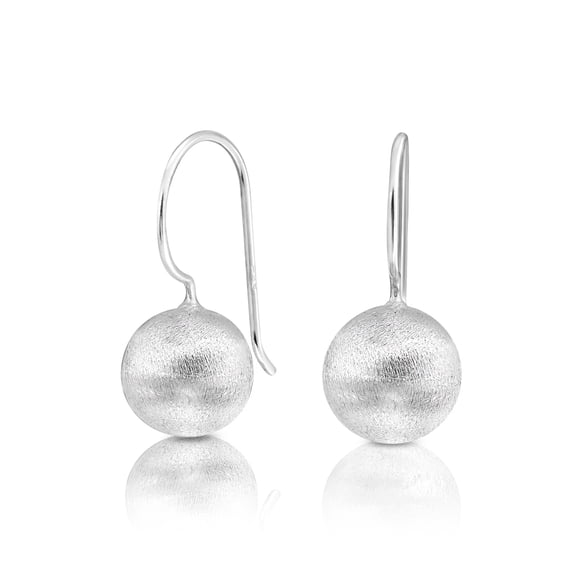 Chic Minimalist Sterling Silver Satin Brushed Round Ball Dangle Earrings