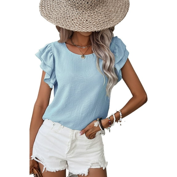 Chic Mist Blue Ruffled Short Sleeve Blouse for Effortless Summer Style - [ZhiHiMeRi] | (US 8-10)M