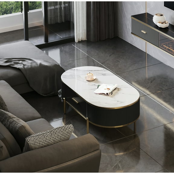 Chic Modern Coffee Table Featuring White & Gray Sintered Stone Top, Gold Accented Decoration, Drawer Functionality, Wood Frame, Stainless Steel Legs, Heat And Stain Resistance With White/gray Top