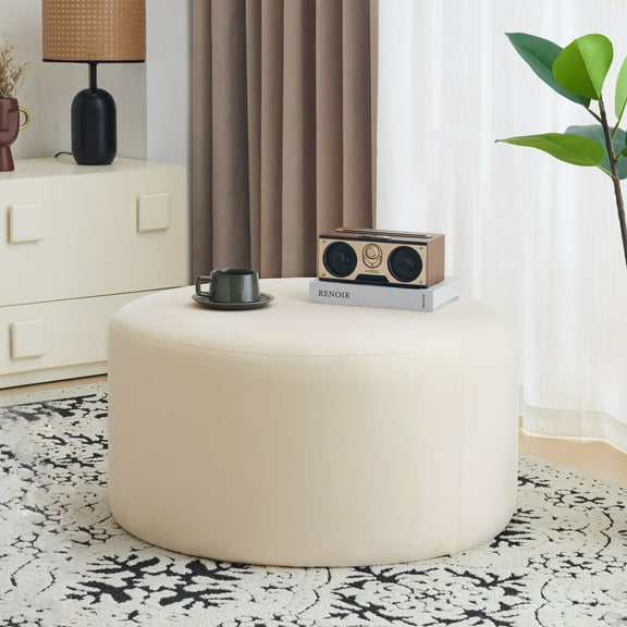 Christopher Knight Home 30" Velvet Upholstered Round Ottoman, Wood Frame, Cream