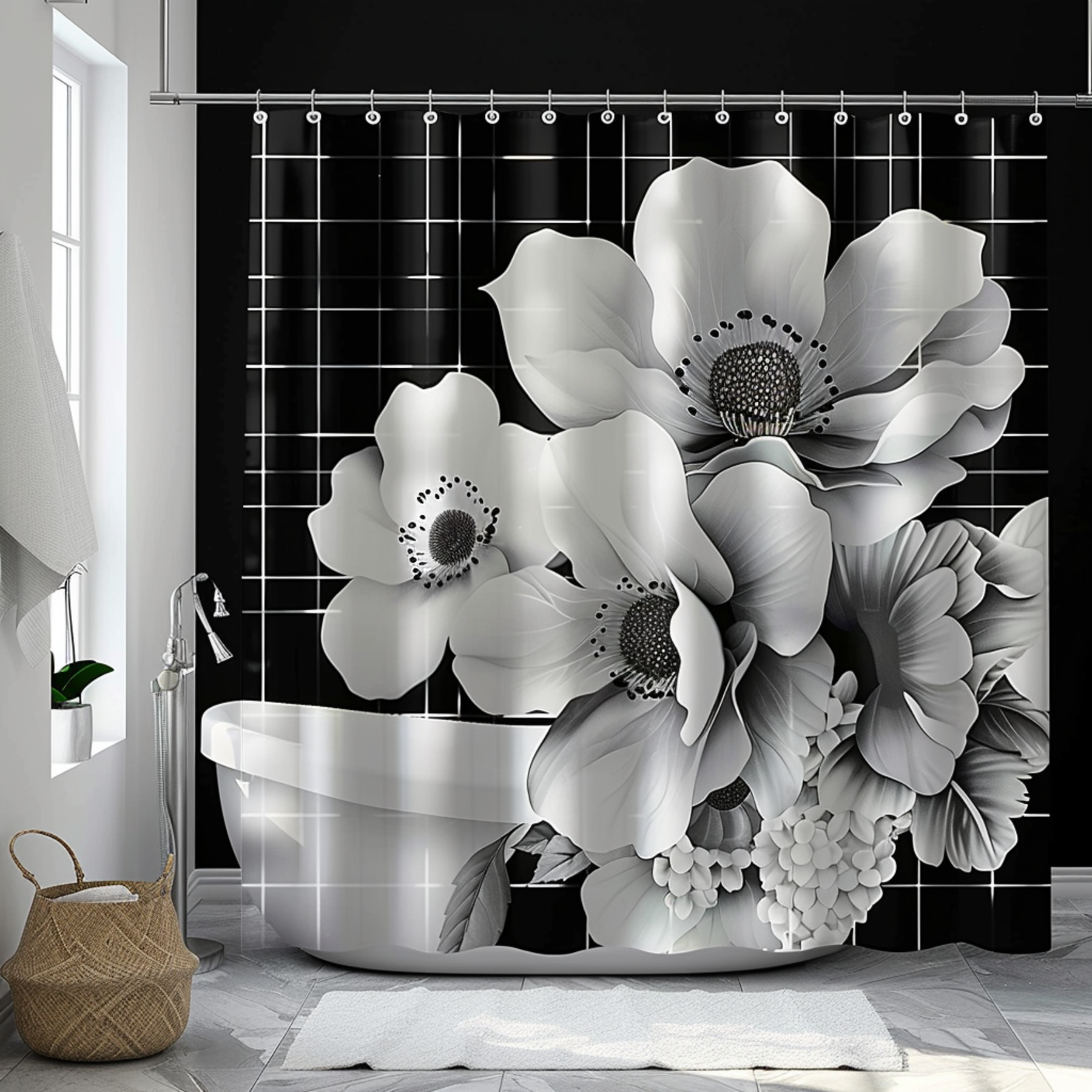 Chic Monochrome Bathroom Set with Floral Accents Modern Style Shower