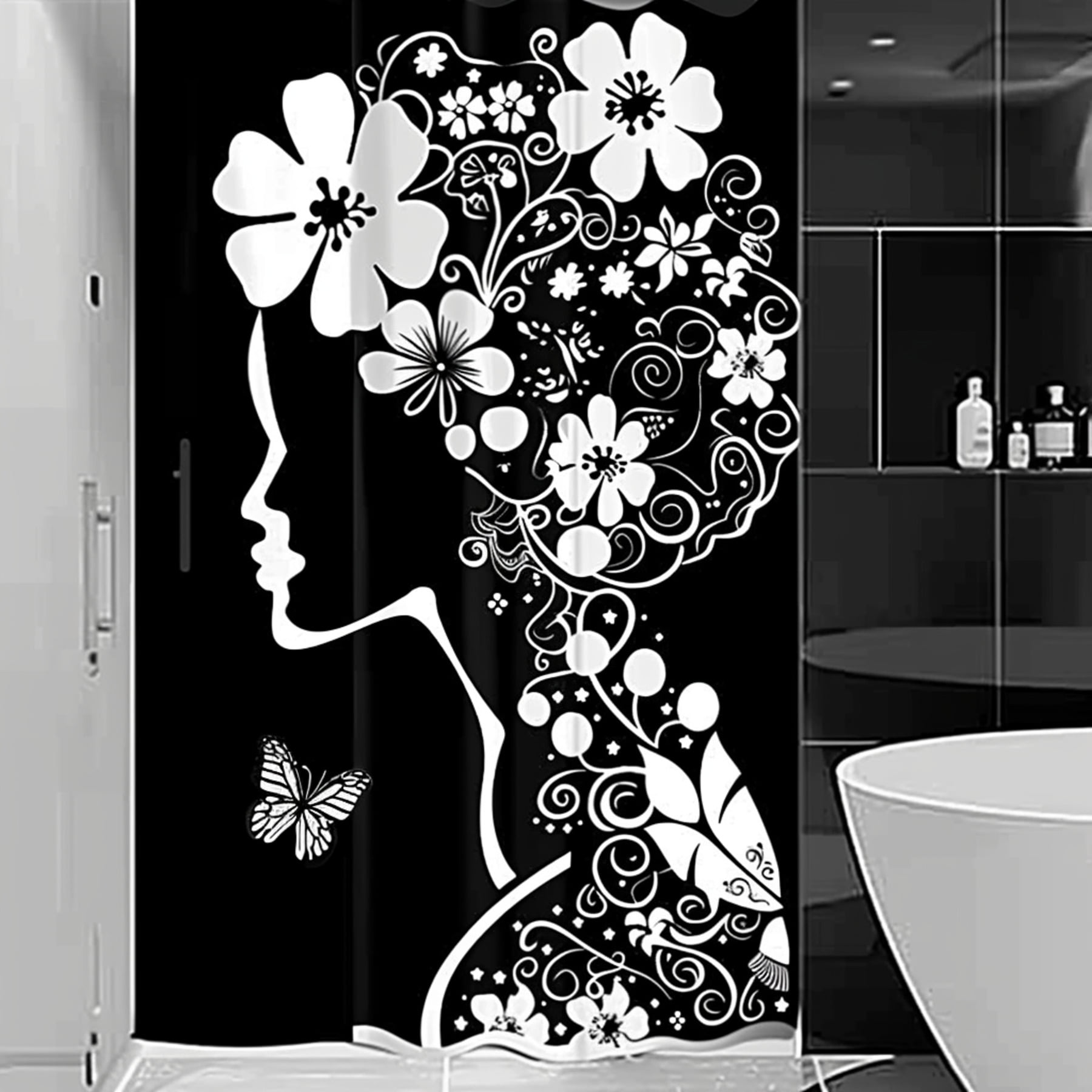 Chic Monochrome Bathroom Window Decals & Floral Shower Curtain Set