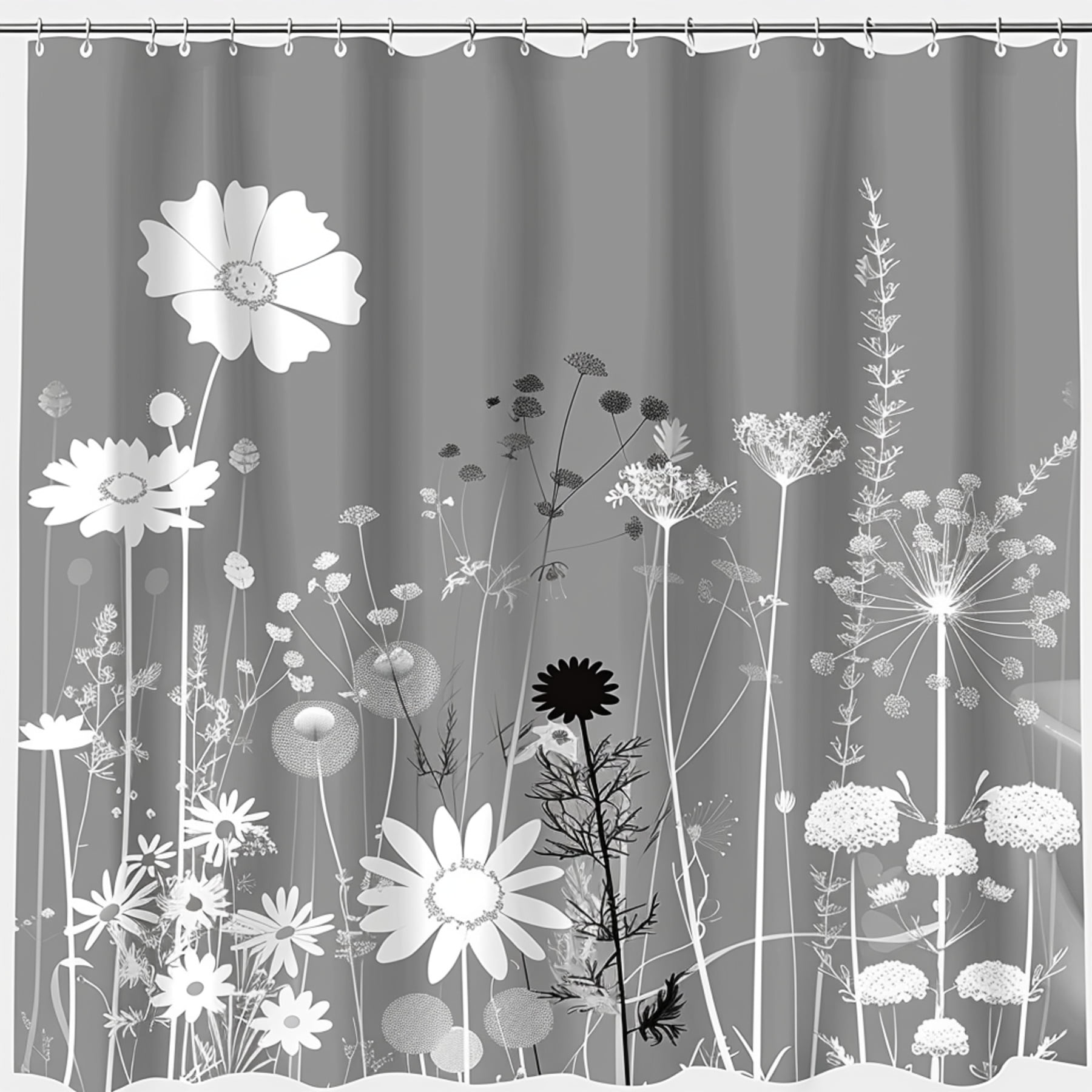 Chic Monochrome Floral Shower Curtain Elegant Grey and White Botanical