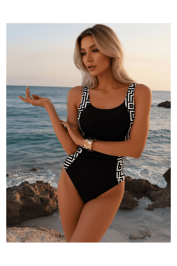 Chic Monochrome Retro Print Swimsuit: Strappy Cutout One Piece Swimwear, Sizes S-XL