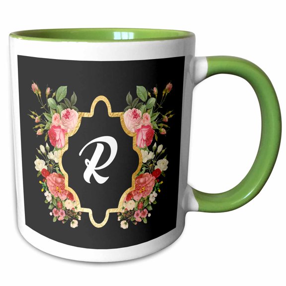 3drose, Chic Monogram Letter R in a Gold Flowered Frame on Black, 11oz Two-tone Green Mug