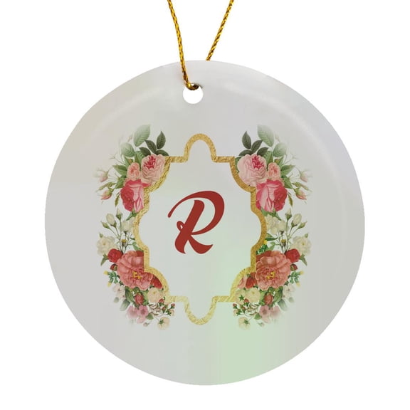 3drose, Chic Monogram Letter R in a Gold Flowered Frame on White, Circle Porcelain Ornament