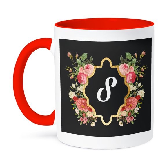 Chic Monogram Letter S In A Gold Floral Frame, 11oz Two-Tone Red Mug