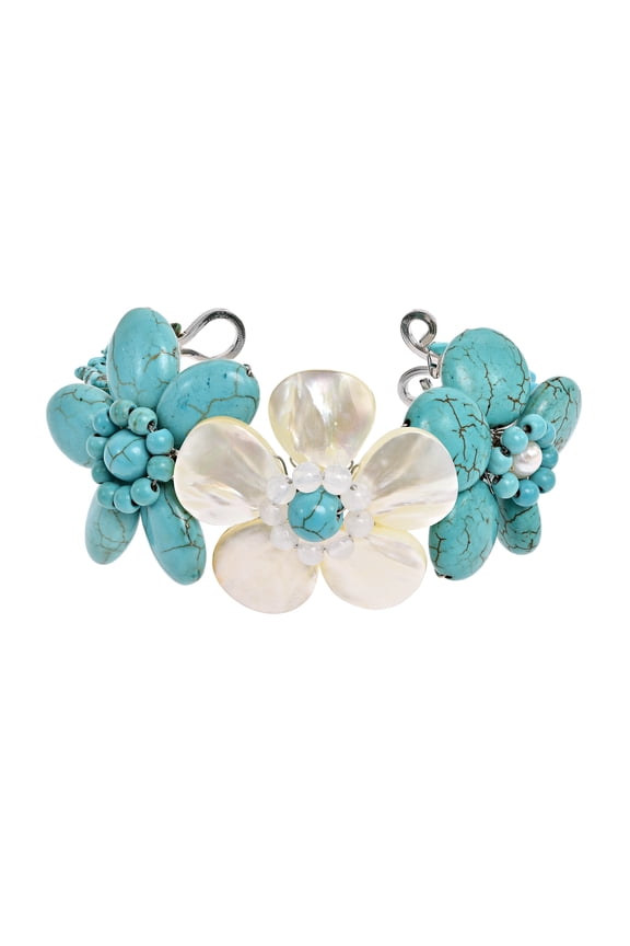 Chic Mother of Pearl Turquoise Stone Triple Flower Cuff