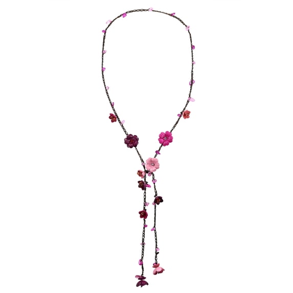 Chic Multi Pink Daisy Floral Mix Stone Genuine Leather Lariat Wrap Necklace