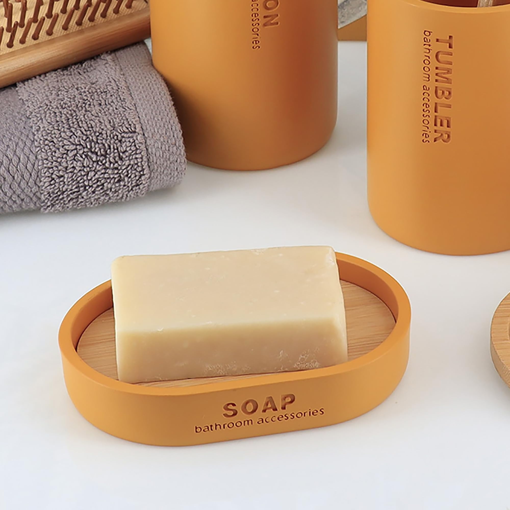 Mustard Yellow Polyresin Soap Dish with Bamboo Base